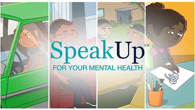 Four separate icons of people looking sad with the text speak up for your mental health across the center.
