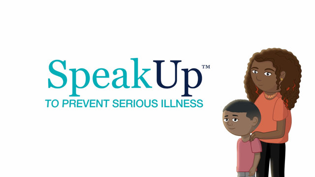 An icon of a woman holding a young boy's shoulders next to text reading speak up to prevent serious illness.